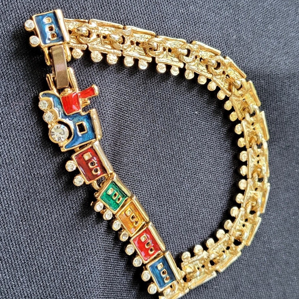 Vintage Enamel Train Link Bracelet Gold Tone Rhinestone Locomotive
